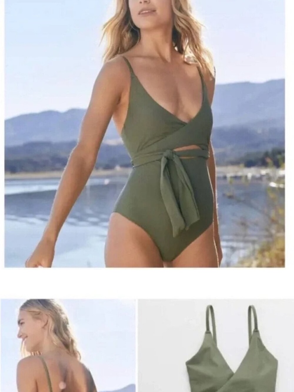aerie Olive-Green One-Piece Wrap Swimsuit